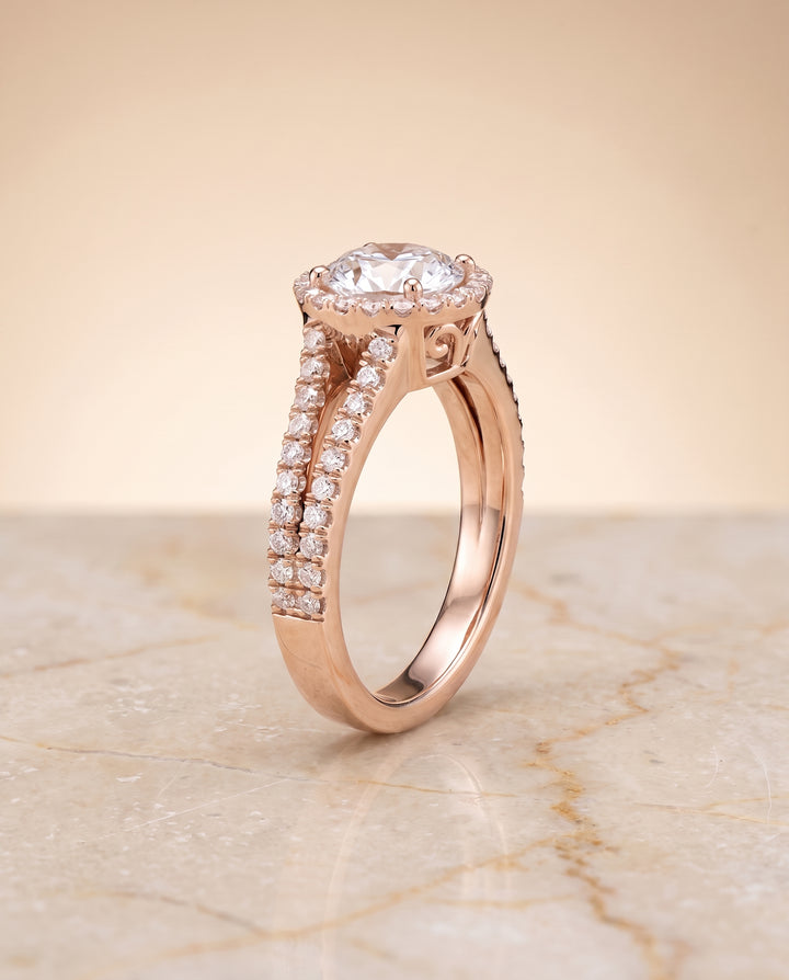 The Aretha Split Shank Pavé Halo Round Engagement Ring Setting in 14K Rose Gold
