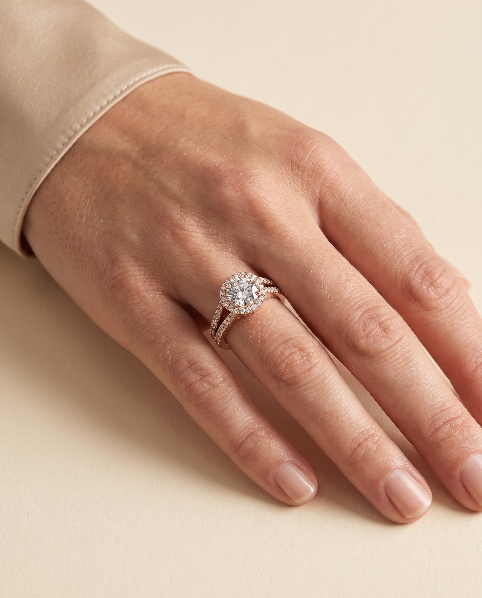 The Aretha Split Shank Pavé Halo Round Engagement Ring Setting in 14K Rose Gold