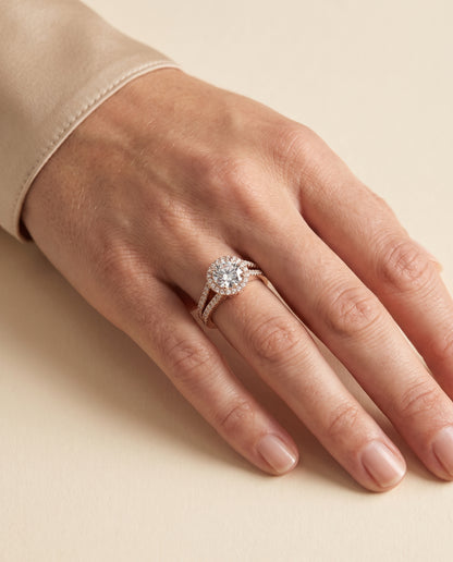 The Aretha Split Shank Pavé Halo Round Engagement Ring Setting in 14K Rose Gold