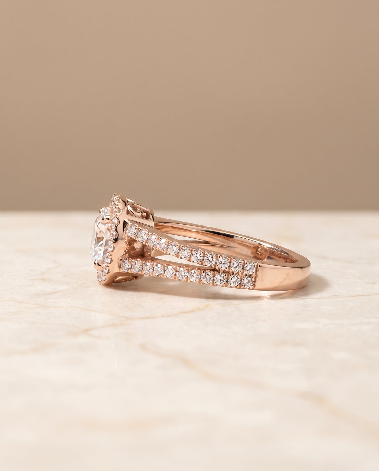 The Aretha Split Shank Pavé Halo Round Engagement Ring Setting in 14K Rose Gold
