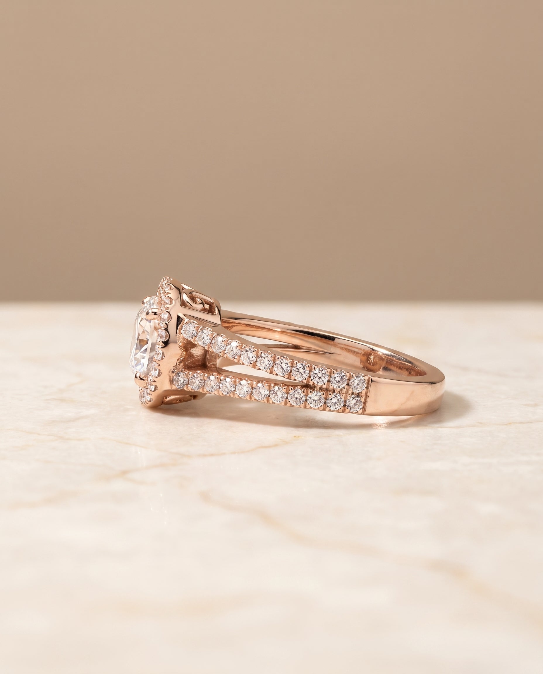 The Aretha Split Shank Pavé Halo Round Engagement Ring Setting in 14K Rose Gold