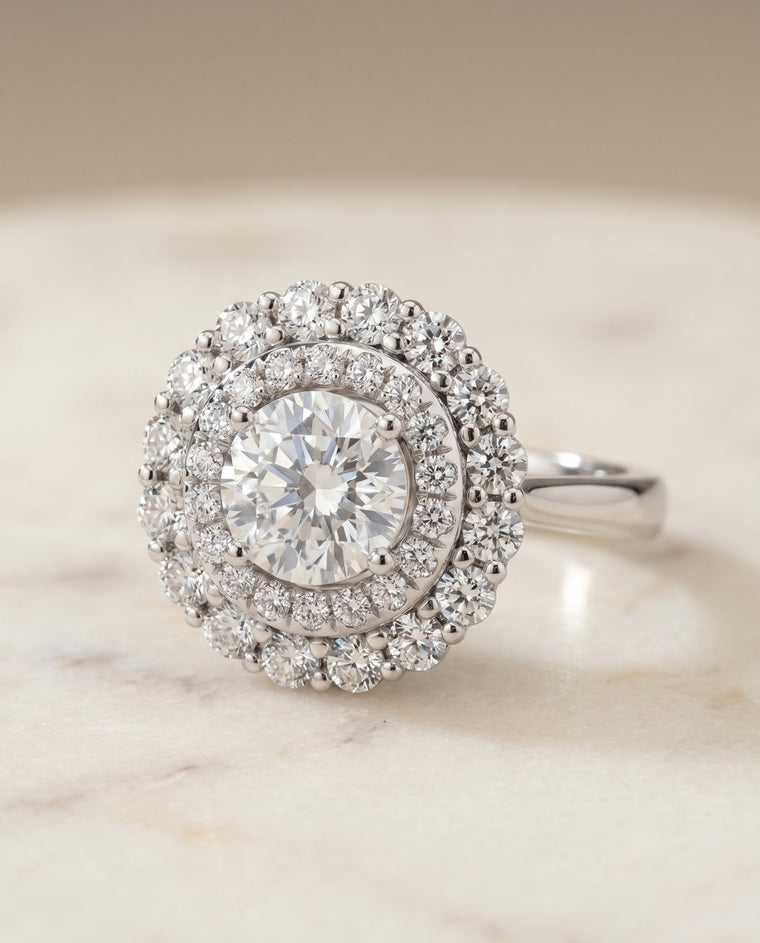 The Arietta Select Double Halo Round Lab Diamond Engagement Ring in Platinum