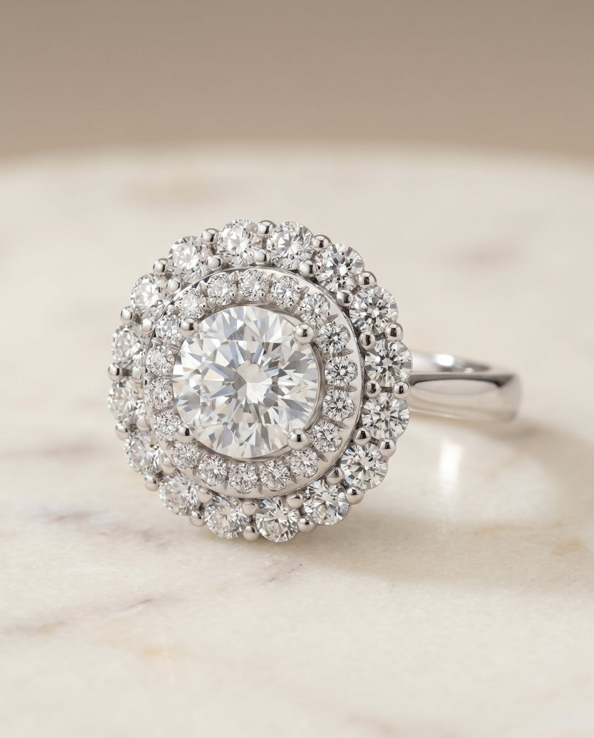 Arietta Select Double Halo Round Lab Diamond Engagement Ring in 18K White Gold, alternate angle | RockHer