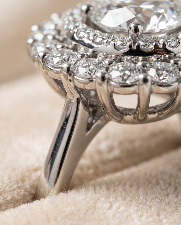Round Brilliant, Double Halo Sunburst, in Platinum, pave setting – detail view | RockHer