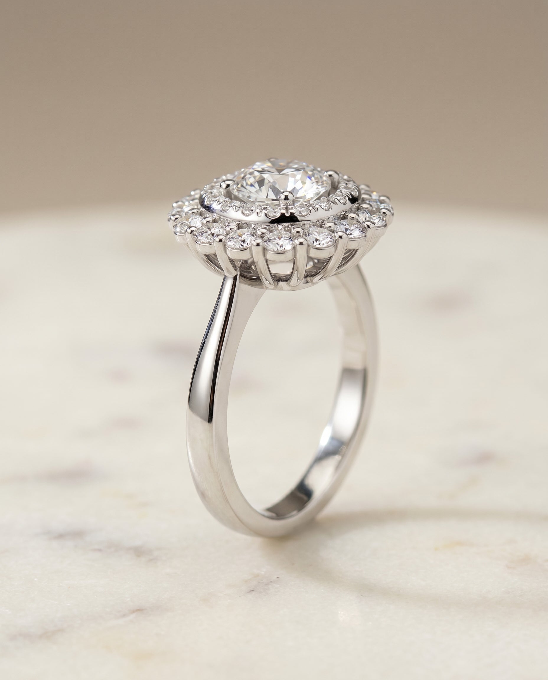 Double Halo styling on The Arietta round engagement ring setting | RockHer