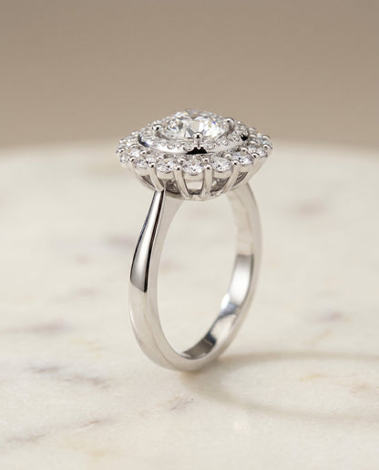 Arietta Select Double Halo Round Lab Diamond Engagement Ring in Platinum, front view | RockHer