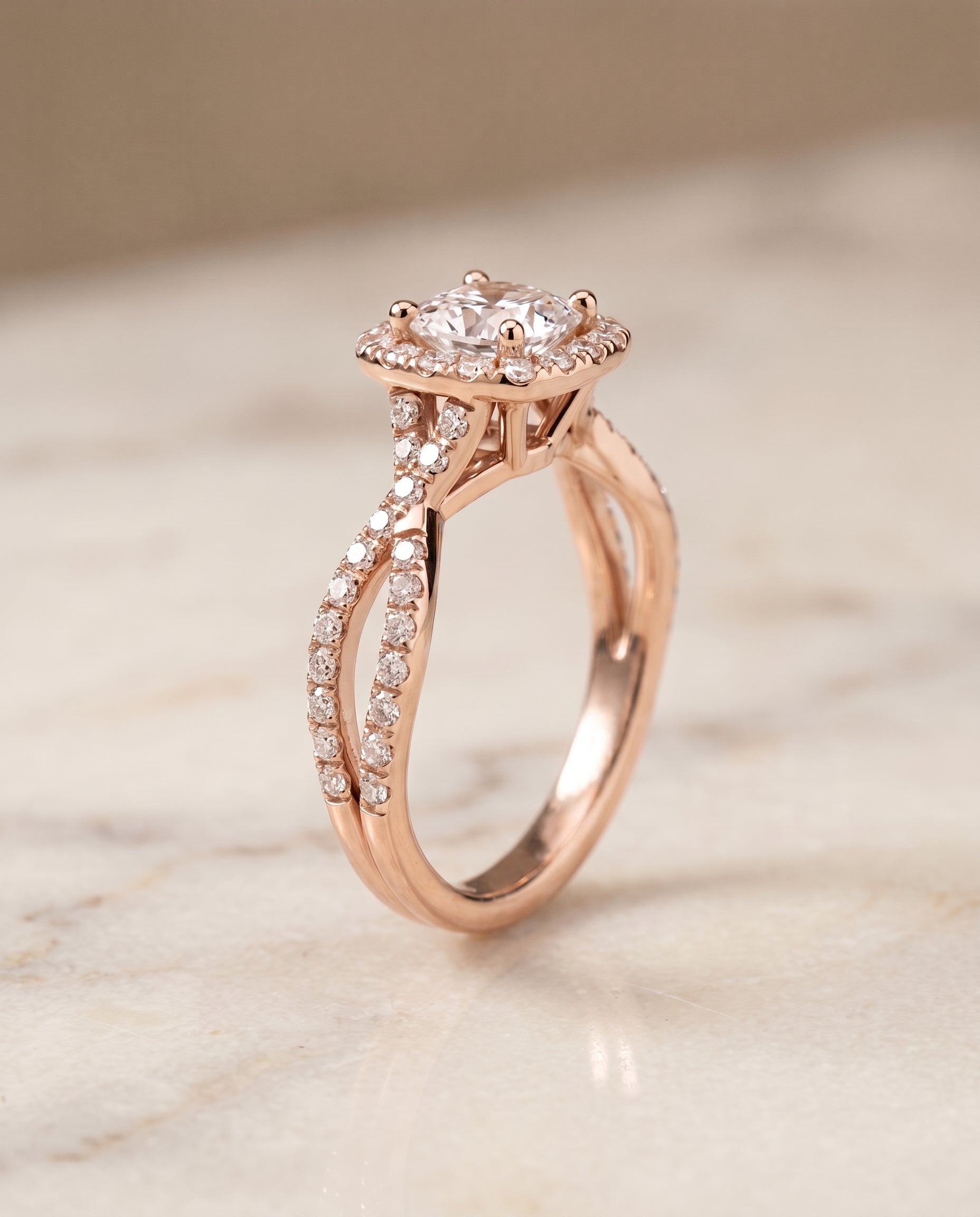 Twisted Scalloped Pavé Halo Cut styling on The Audra cushion engagement ring setting | RockHer