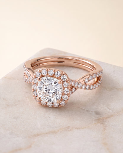 The Audra Twisted Scalloped Pavé Halo Cushion Cut Engagement Ring Setting in 14K Rose Gold