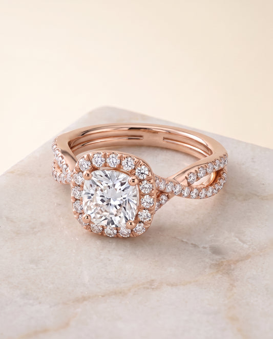 The Audra Twisted Scalloped Pavé Halo Cushion Cut Engagement Ring Setting in 14K Rose Gold
