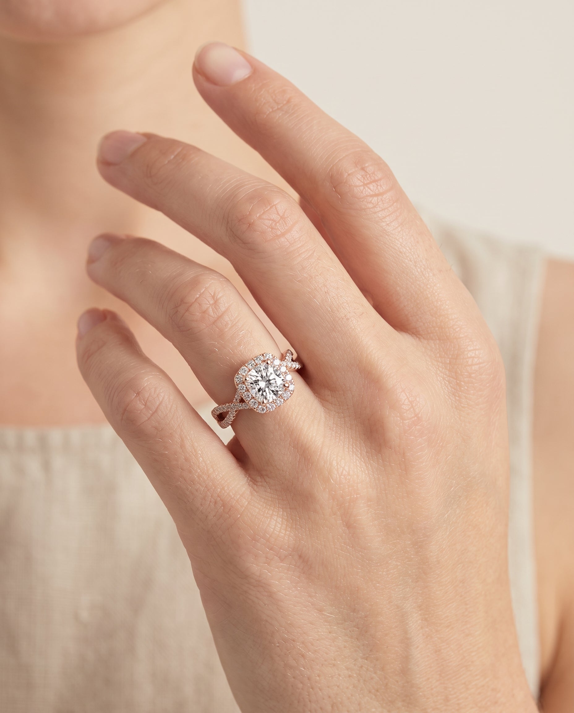 The Audra engagement ring setting in 14K Rose Gold, twisted scalloped pavé halo cut design | RockHer