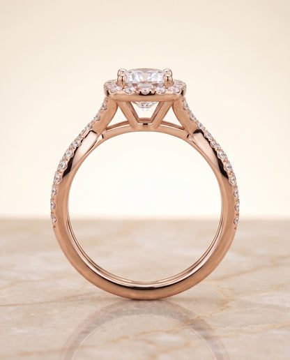 The Audra Twisted Scalloped Pavé Halo Cushion Cut Engagement Ring Setting in 14K Rose Gold