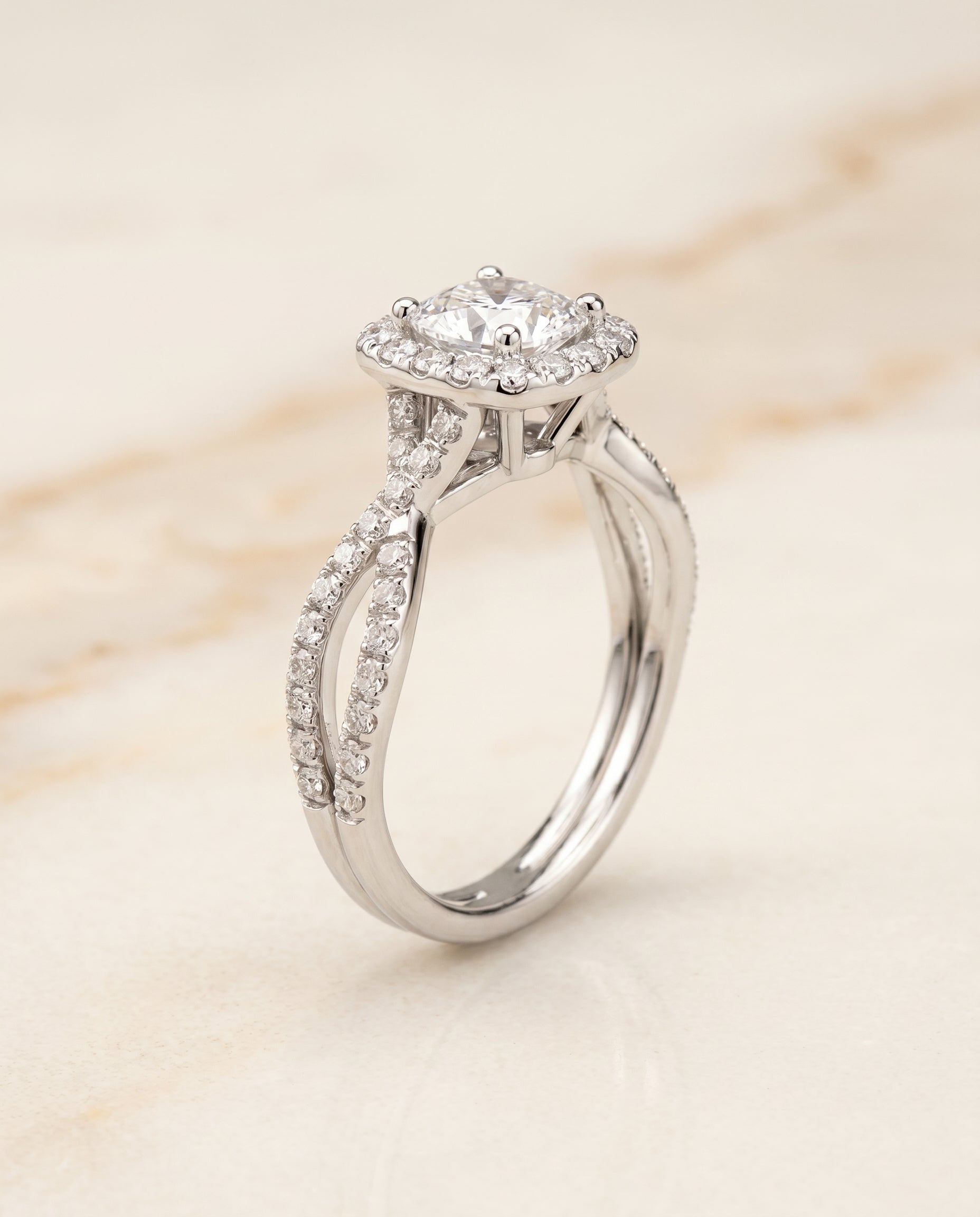 Audra Select Twisted Scalloped Pavé Halo Cushion Cut Lab Diamond Engagement Ring in Platinum, front view | RockHer