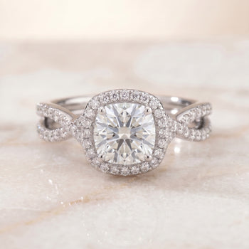 The Audra Twisted Scalloped Pavé Halo Cushion Cut Engagement Ring Setting in 18K White Gold