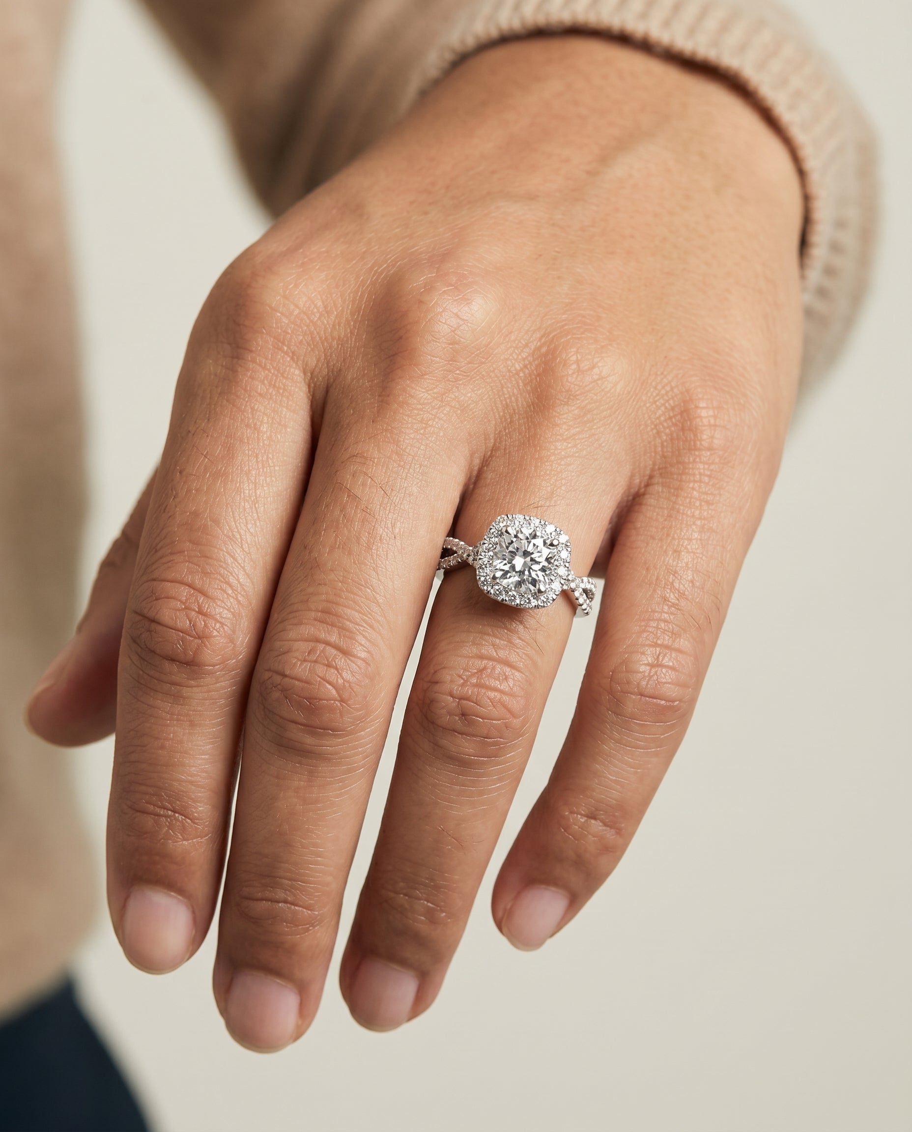 The Audra engagement ring setting in Platinum, twisted scalloped pavé halo cut design | RockHer