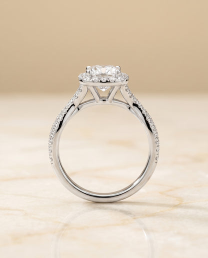 The Audra Twisted Scalloped Pavé Halo Cushion Cut Engagement Ring Setting in Platinum