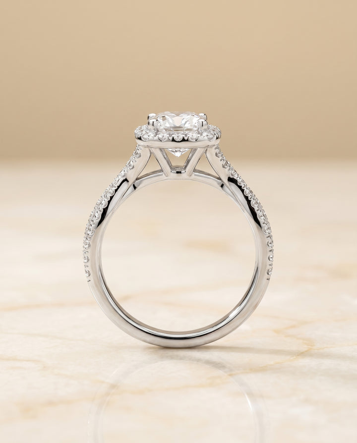 The Audra Twisted Scalloped Pavé Halo Engagement Ring Setting for Cushion Diamonds in 18K White Gold