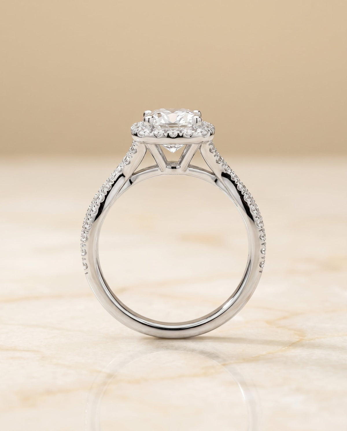 Audra Select Halo Cushion Cut Lab Diamond Engagement Ring in 18K White Gold, side view | RockHer