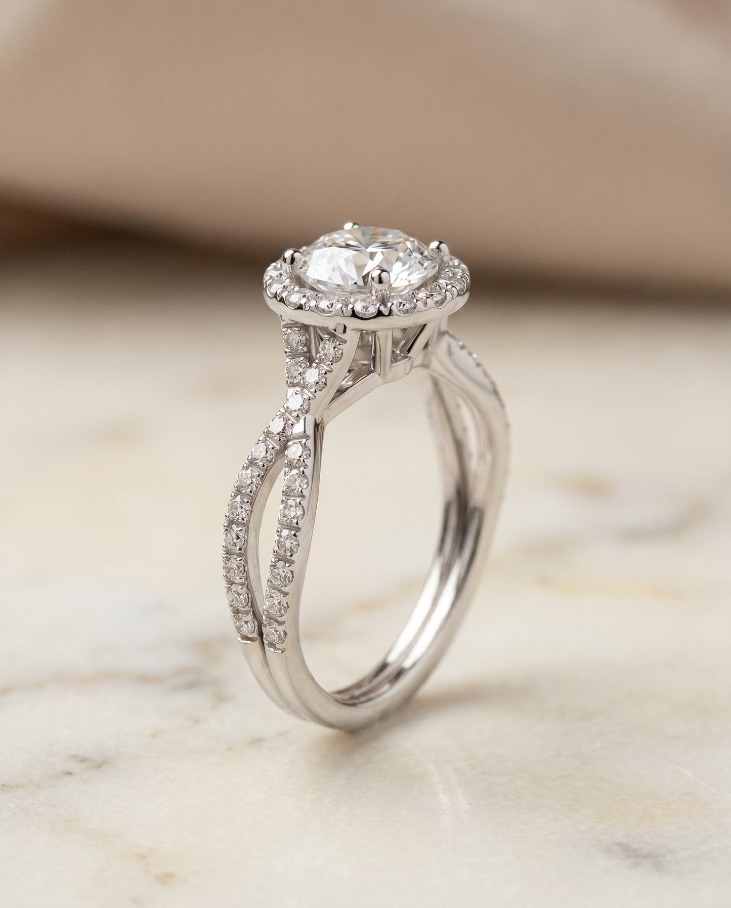 The Audra Twisted Scalloped Pavé Halo Engagement Ring Setting for Round Diamonds in 18K White Gold
