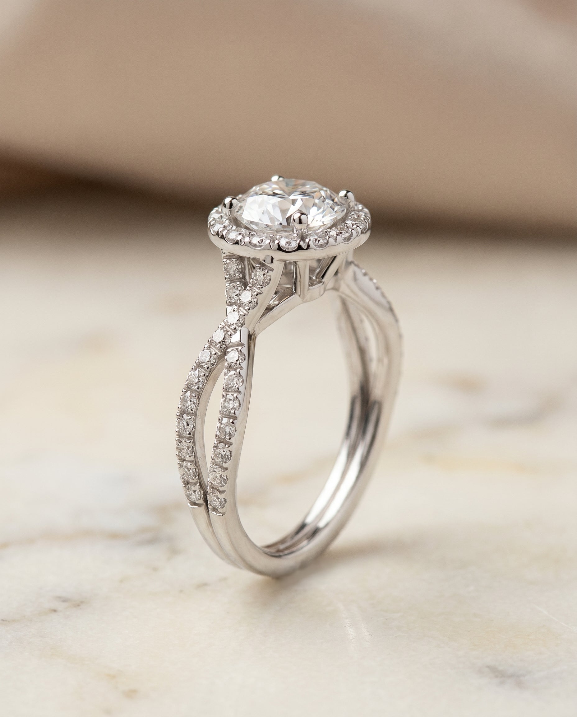 Twisted Scalloped Pavé Halo styling on The Audra round engagement ring setting | RockHer