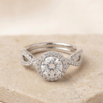 The Audra Twisted Scalloped Pavé Halo Round Engagement Ring Setting in 18K White Gold