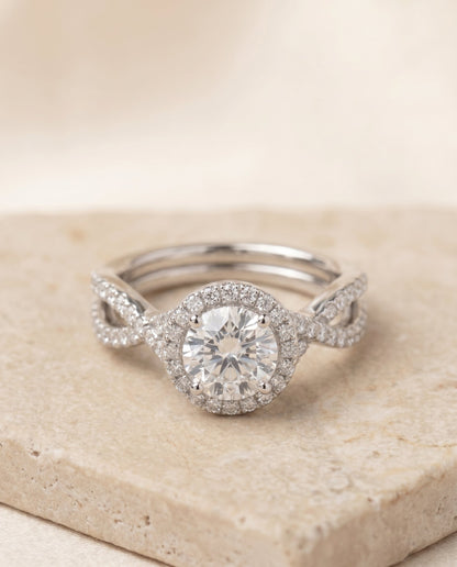 Audra Select Halo Round Lab Diamond Engagement Ring in Platinum, shown on hand, angled | RockHer