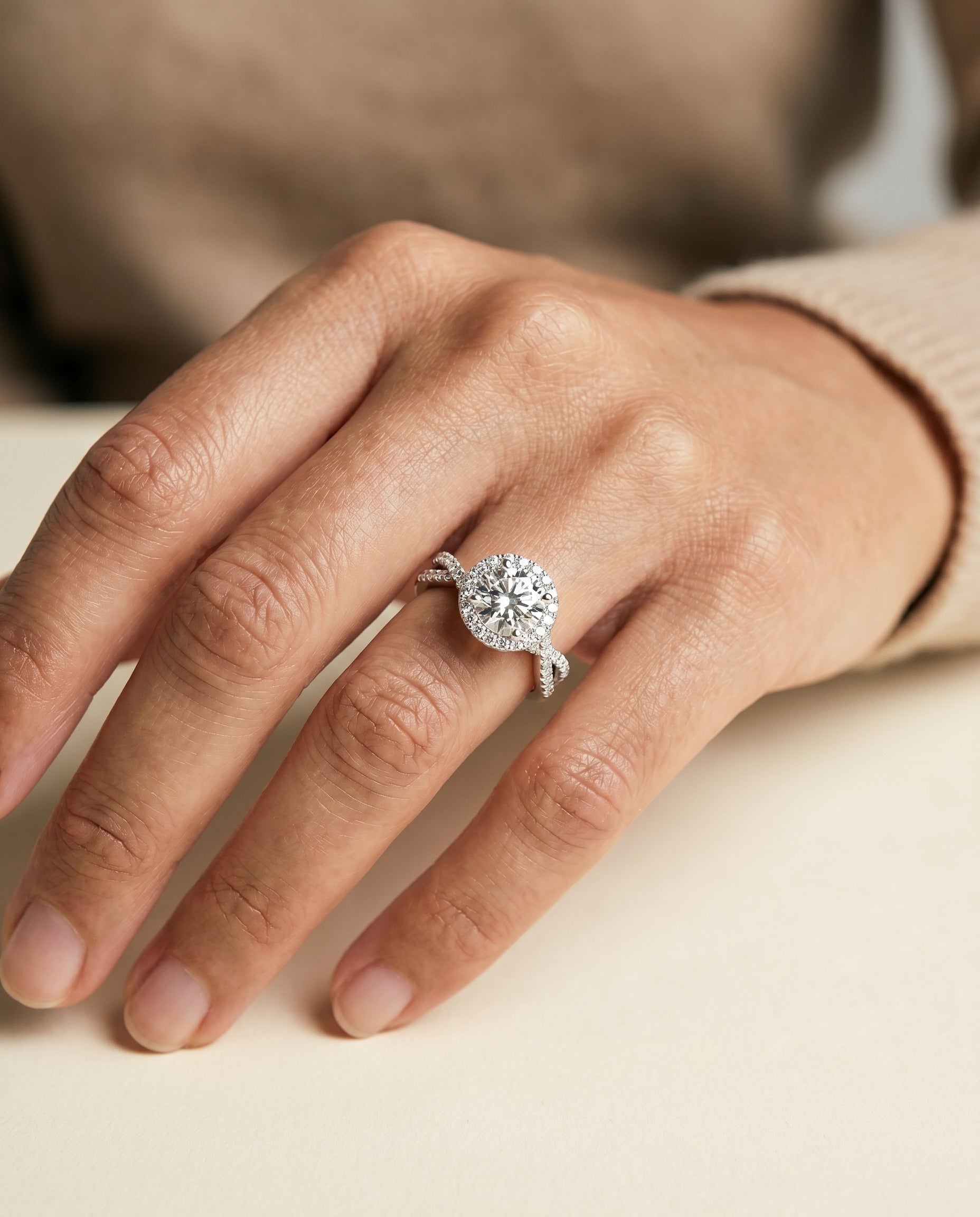 The Audra engagement ring setting in Platinum, twisted scalloped pavé halo design | RockHer