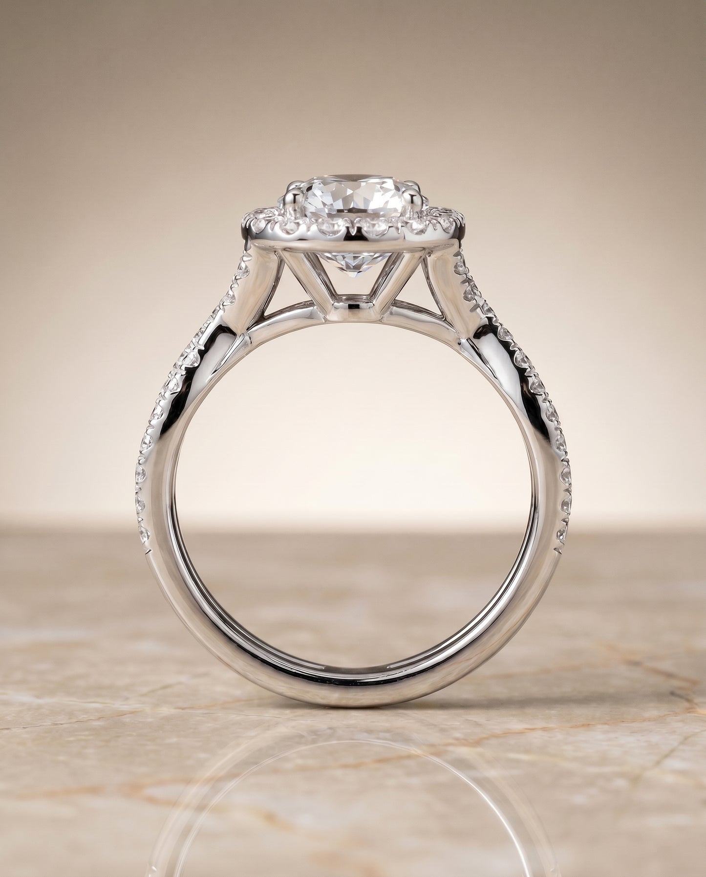 The Audra Twisted Scalloped Pavé Halo Engagement Ring Setting for Round Diamonds in 18K White Gold