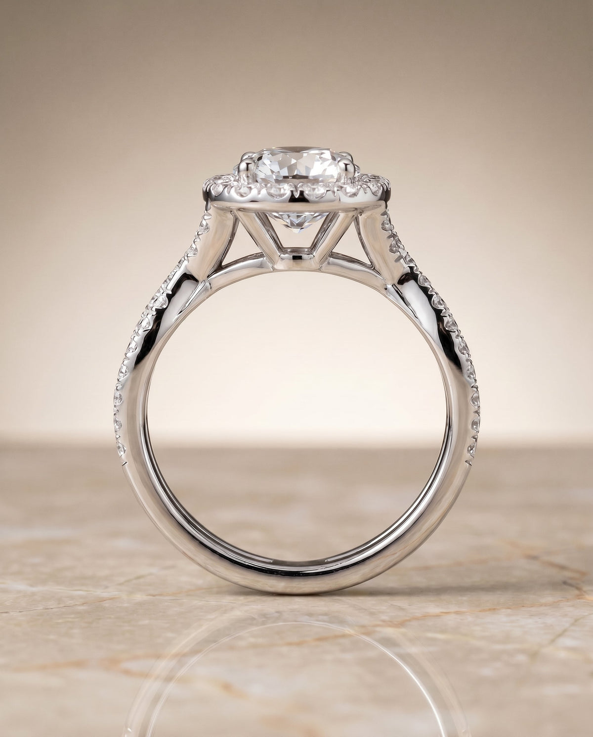 Audra Select Halo Round Lab Diamond Engagement Ring in 18K White Gold, side view | RockHer