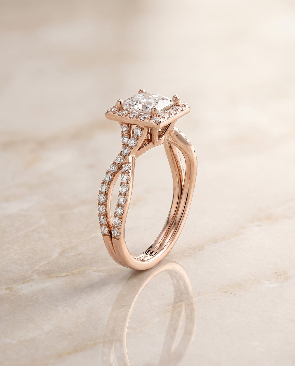 Princess engagement ring setting in 14K Rose Gold, Audra Twisted Scalloped Pavé Halo Princess Cut, alternate view | RockHer