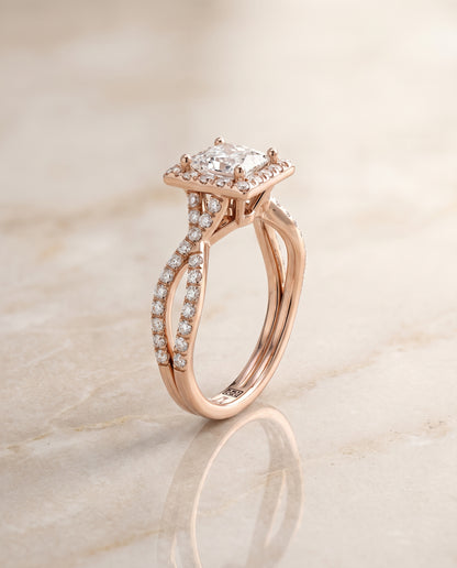Princess engagement ring setting in 14K Rose Gold, Audra Twisted Scalloped Pavé Halo Princess Cut, alternate view | RockHer