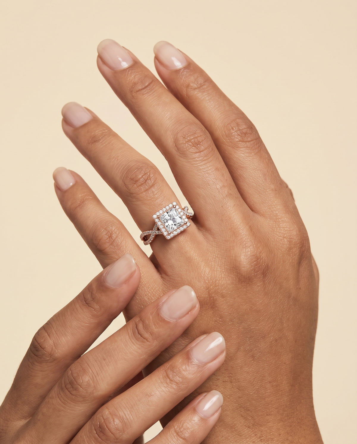 Princess engagement ring setting in 14K Rose Gold, Audra Twisted Scalloped Pavé Halo Princess Cut, alternate view | RockHer