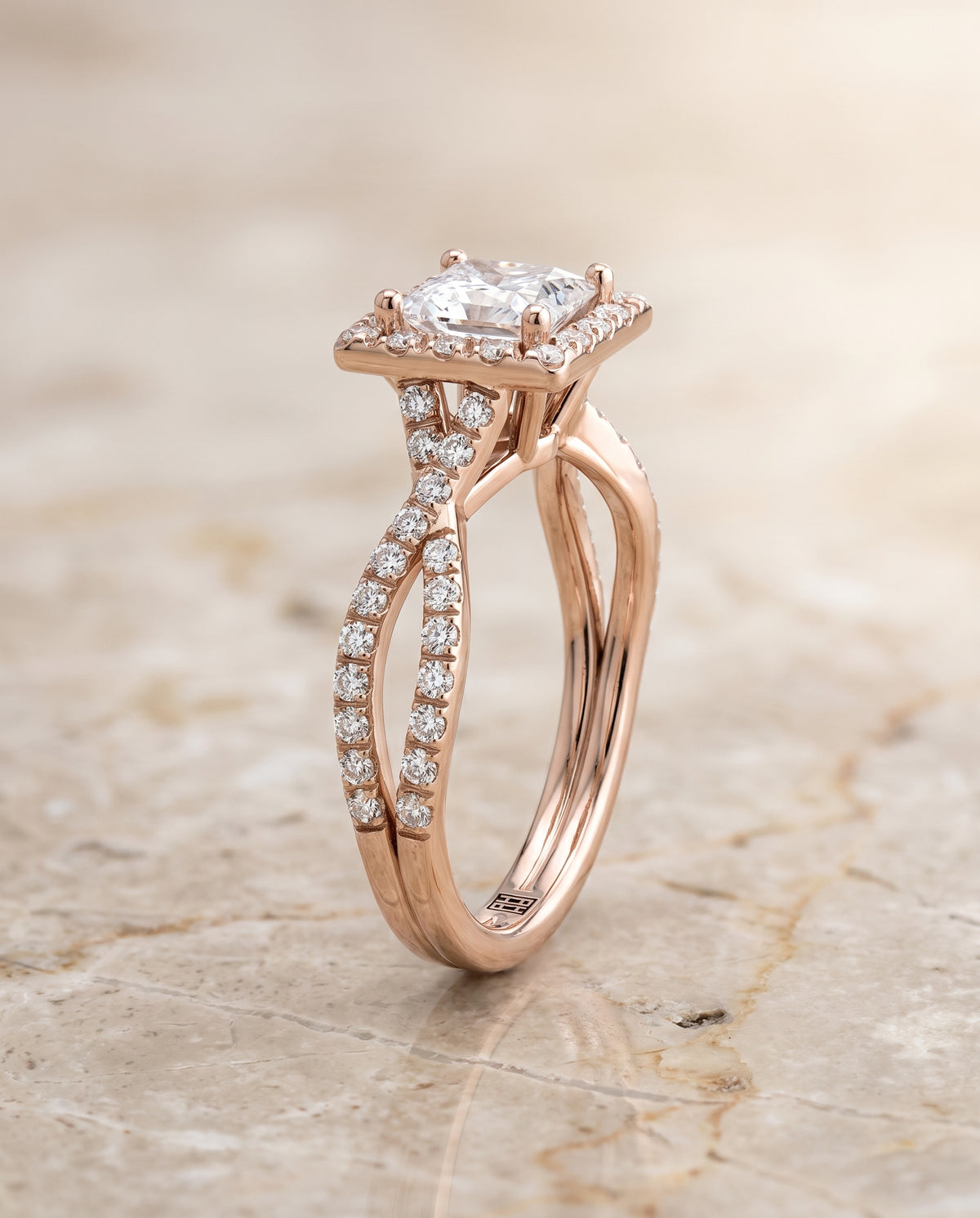 Princess engagement ring setting in 14K Rose Gold, Audra Twisted Scalloped Pavé Halo Princess Cut, alternate view | RockHer