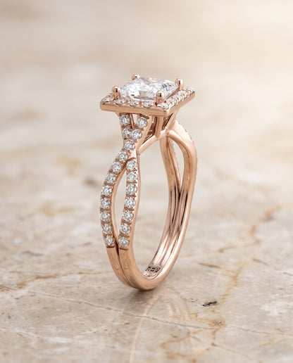 Princess engagement ring setting in 14K Rose Gold, Audra Twisted Scalloped Pavé Halo Princess Cut, alternate view | RockHer