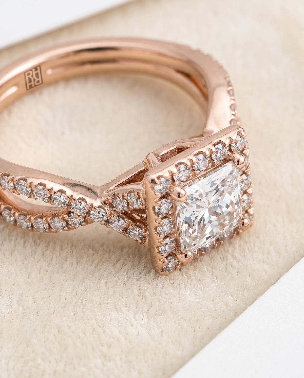 Princess engagement ring setting in 14K Rose Gold, Audra Twisted Scalloped Pavé Halo Princess Cut, alternate view | RockHer