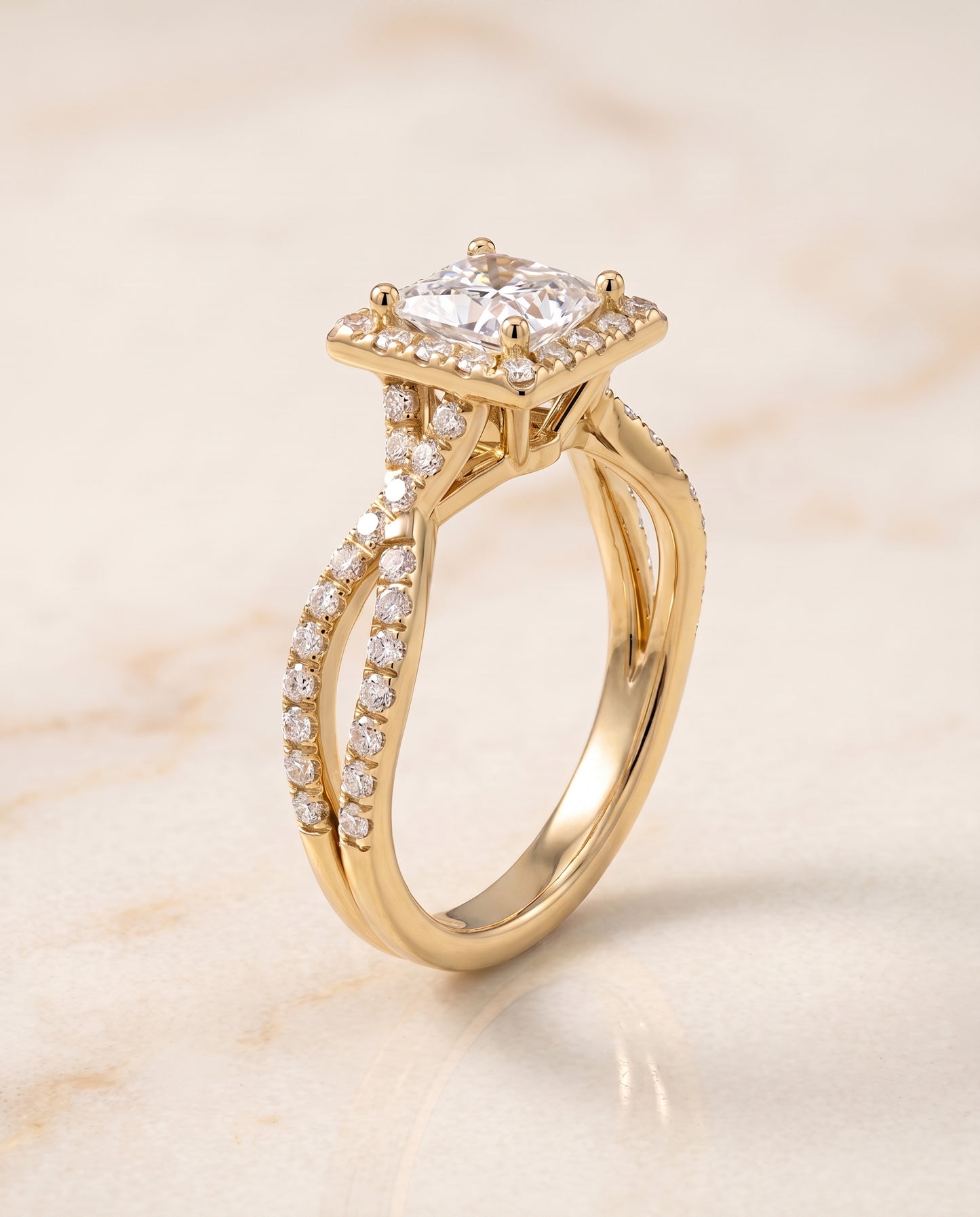 The Audra Twisted Scalloped Pavé Halo Princess Cut Engagement Ring Setting in 18K Yellow Gold