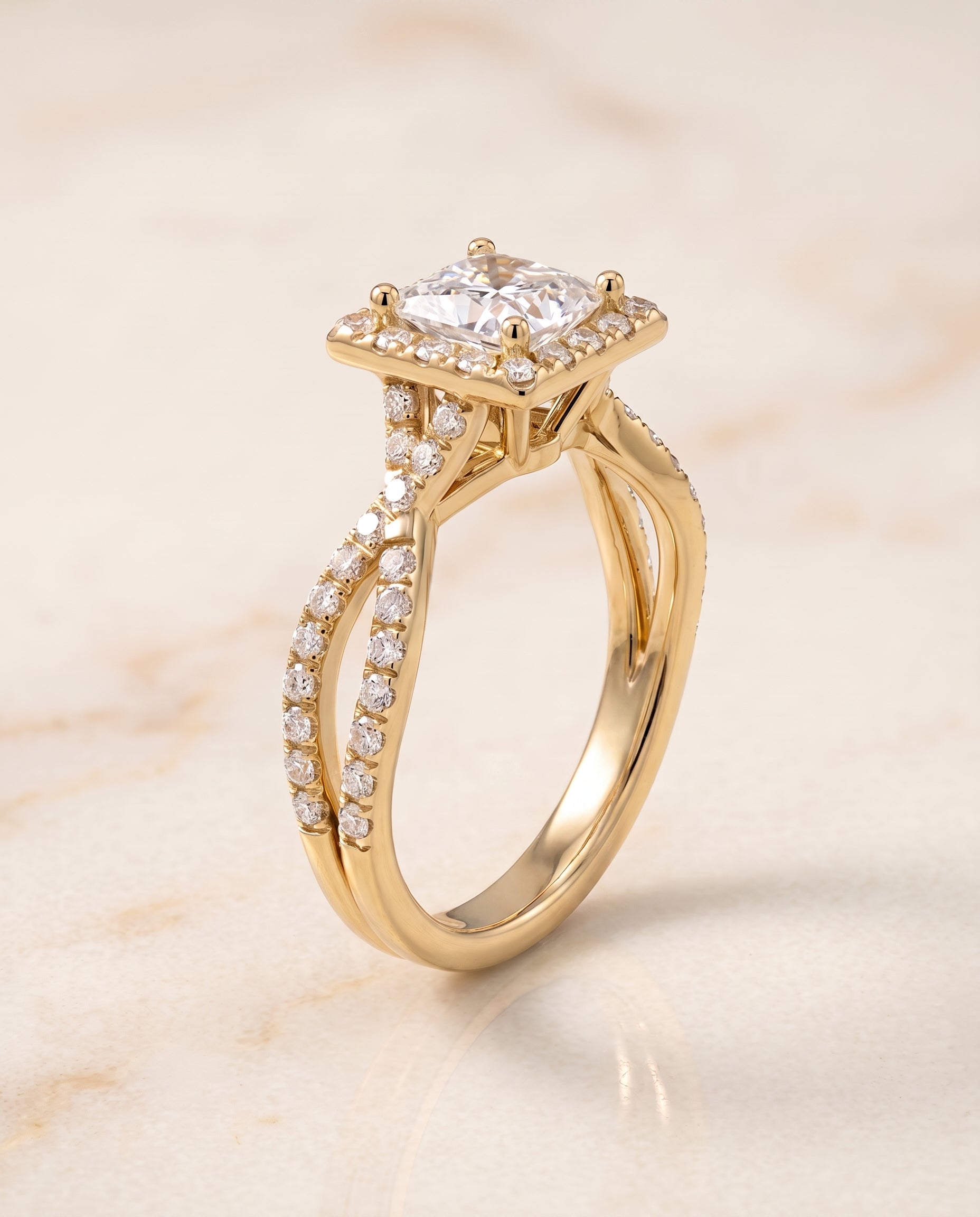 Twisted Scalloped Pavé Halo styling on The Audra princess engagement ring setting | RockHer
