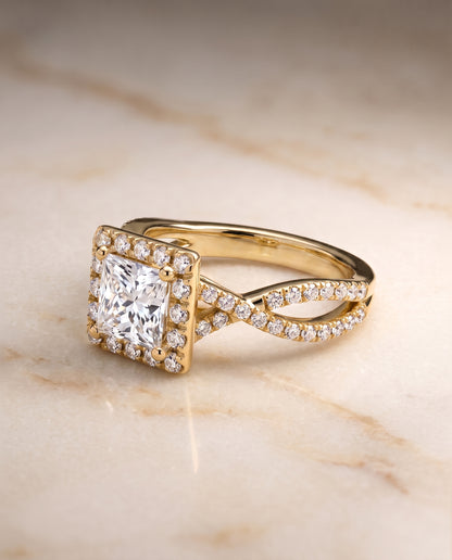 The Audra Twisted Scalloped Pavé Halo Princess Cut Engagement Ring Setting in 18K Yellow Gold