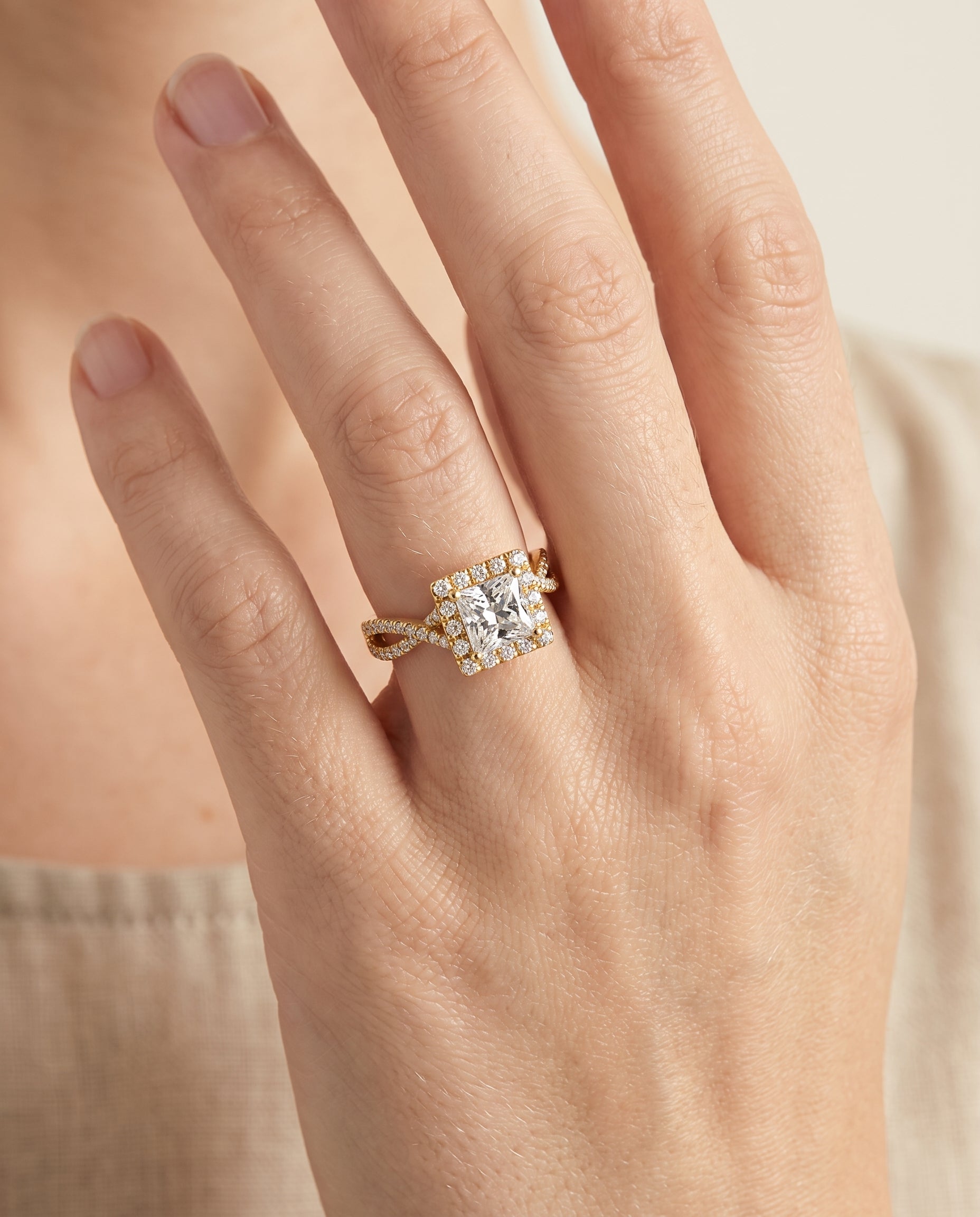 The Audra engagement ring setting in 18K Yellow Gold, twisted scalloped pavé halo design | RockHer