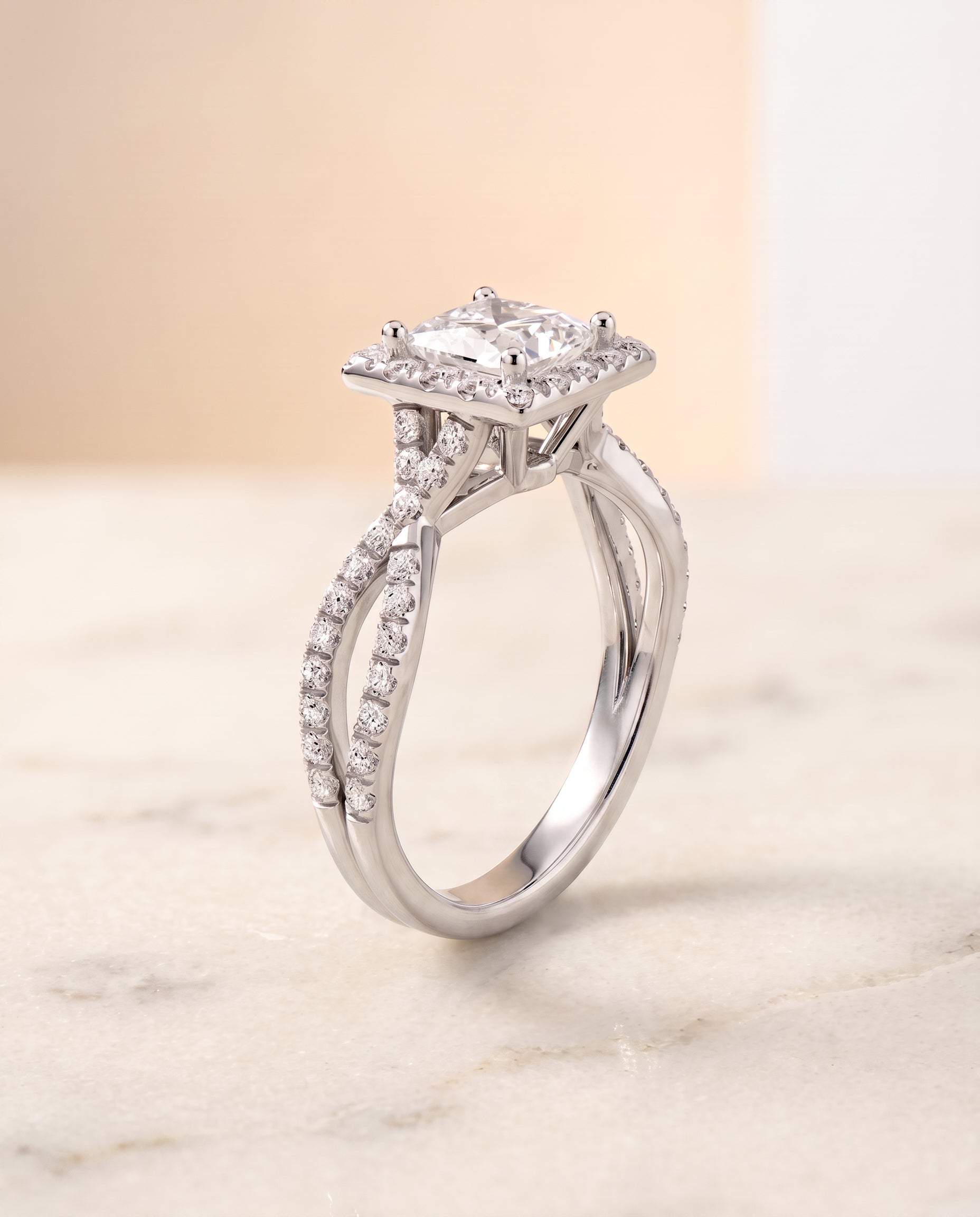Twisted Scalloped Pavé Halo styling on The Audra princess engagement ring setting | RockHer