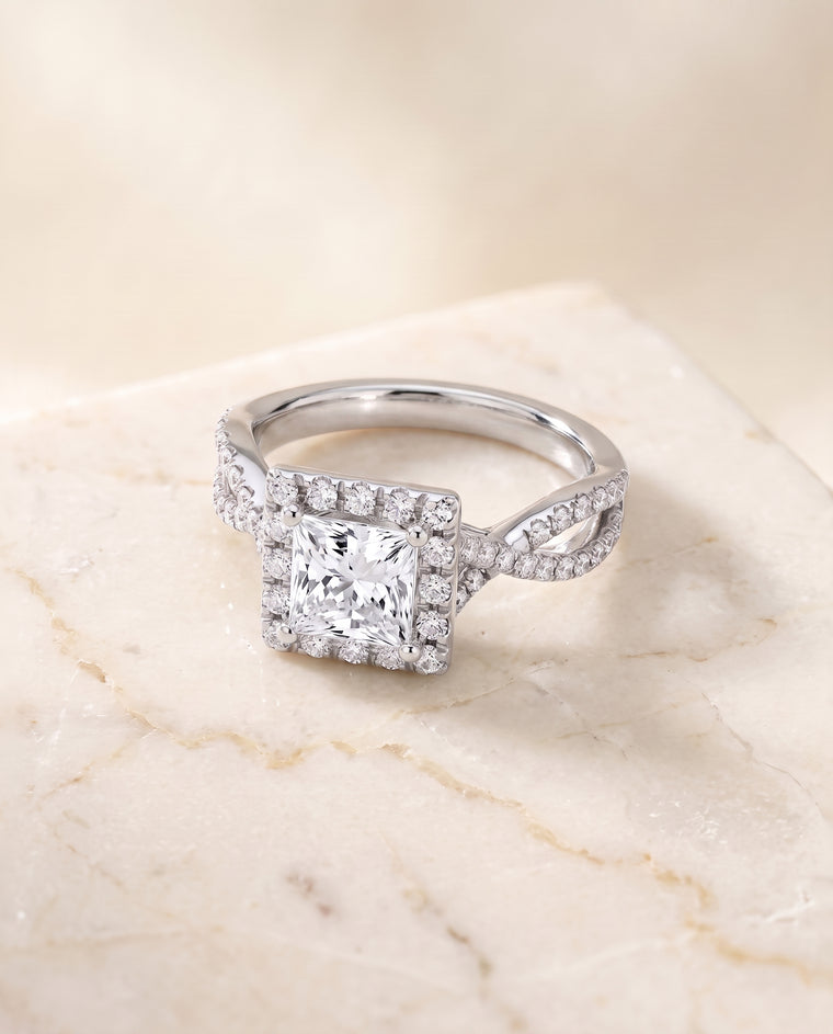 The Audra Twisted Scalloped Pavé Halo Princess Cut Engagement Ring Setting in 18K White Gold