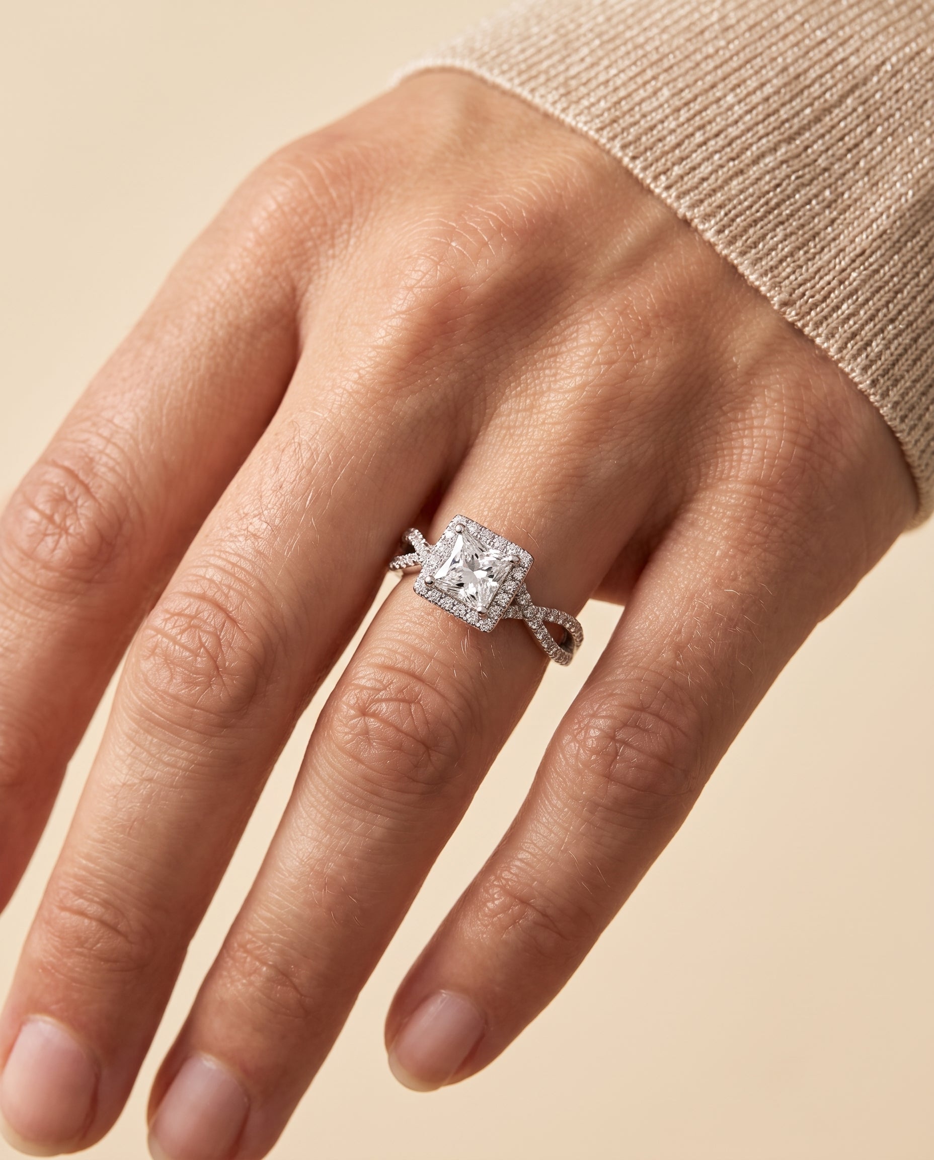 The Audra engagement ring setting in Platinum, twisted scalloped pavé halo design | RockHer