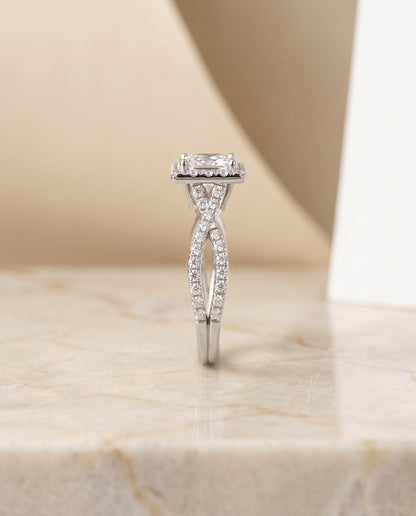 The Audra Twisted Scalloped Pavé Halo Princess Cut Engagement Ring Setting in 18K White Gold