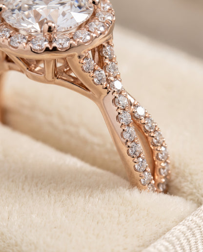 The Audra Twisted Scalloped Pavé Halo Round Engagement Ring Setting in 14K Rose Gold