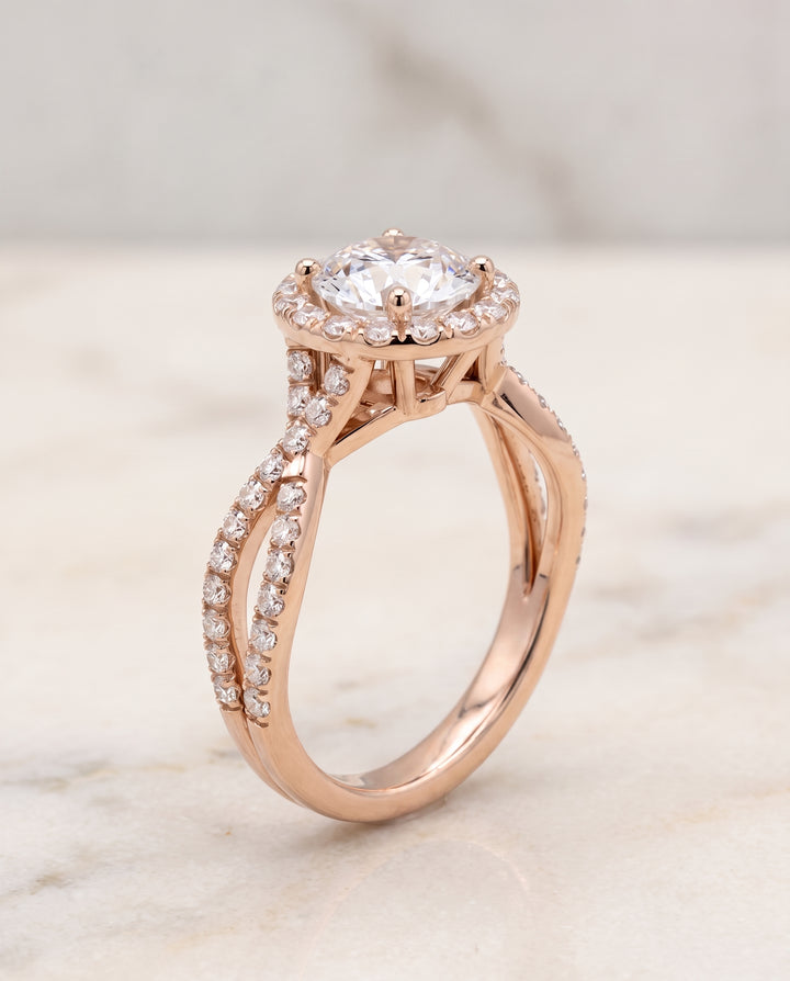The Audra Twisted Scalloped Pavé Halo Round Engagement Ring Setting in 14K Rose Gold