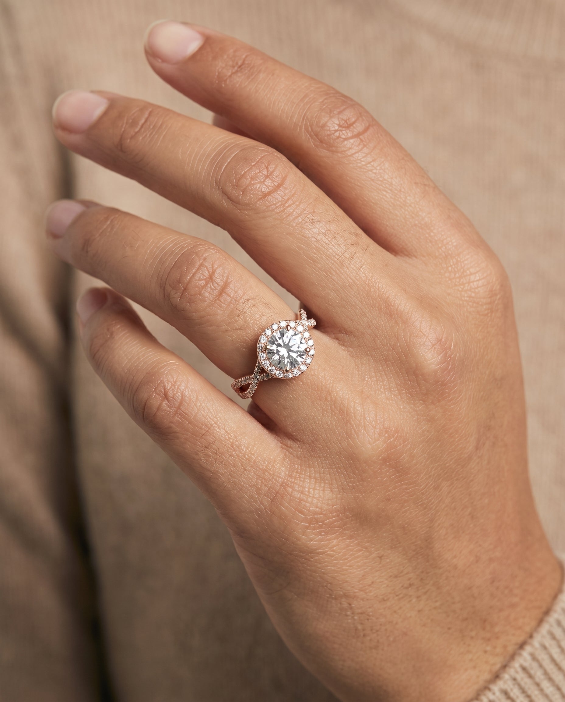 The Audra engagement ring setting in 14K Rose Gold, twisted scalloped pavé halo design | RockHer