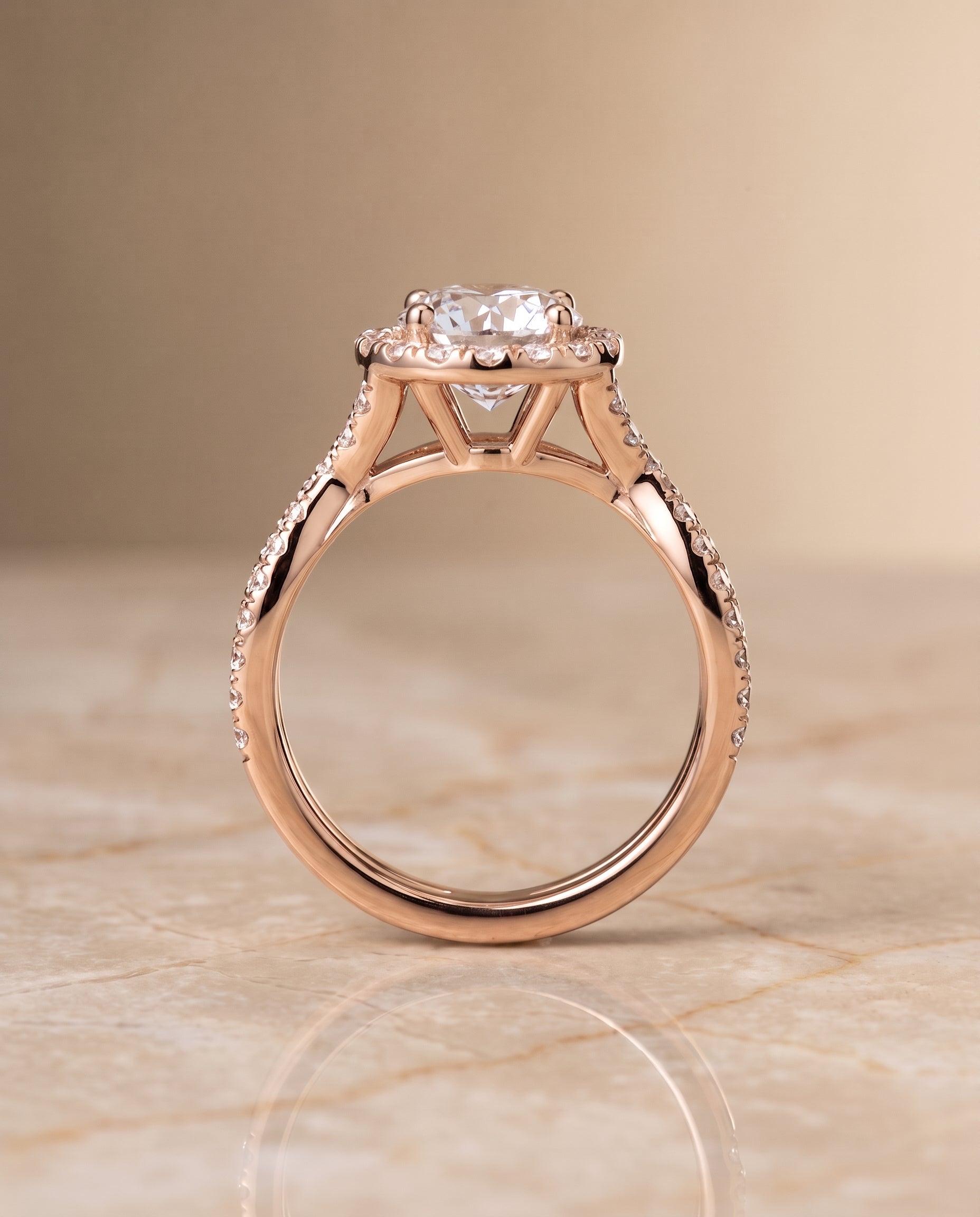 Twisted Scalloped Pavé Halo styling on The Audra round engagement ring setting | RockHer