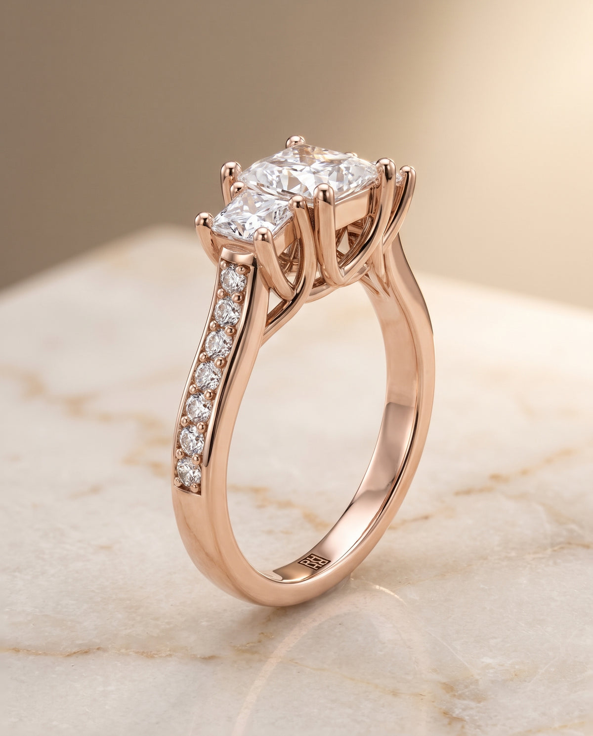 The Avery Channel Pavé Three Stone Princess Cut Engagement Ring Setting in 14K Rose Gold