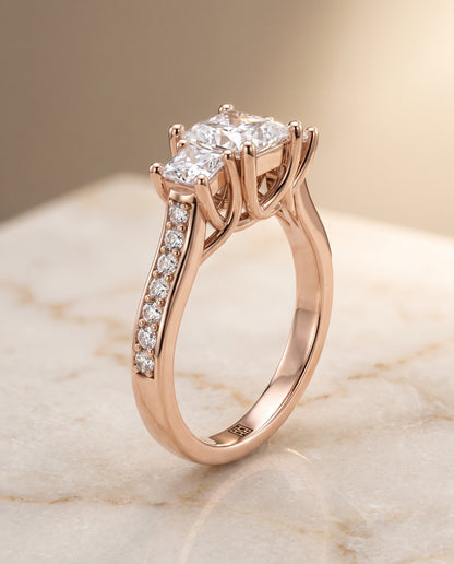 The Avery Channel Pavé Three Stone Princess Cut Engagement Ring Setting in 14K Rose Gold