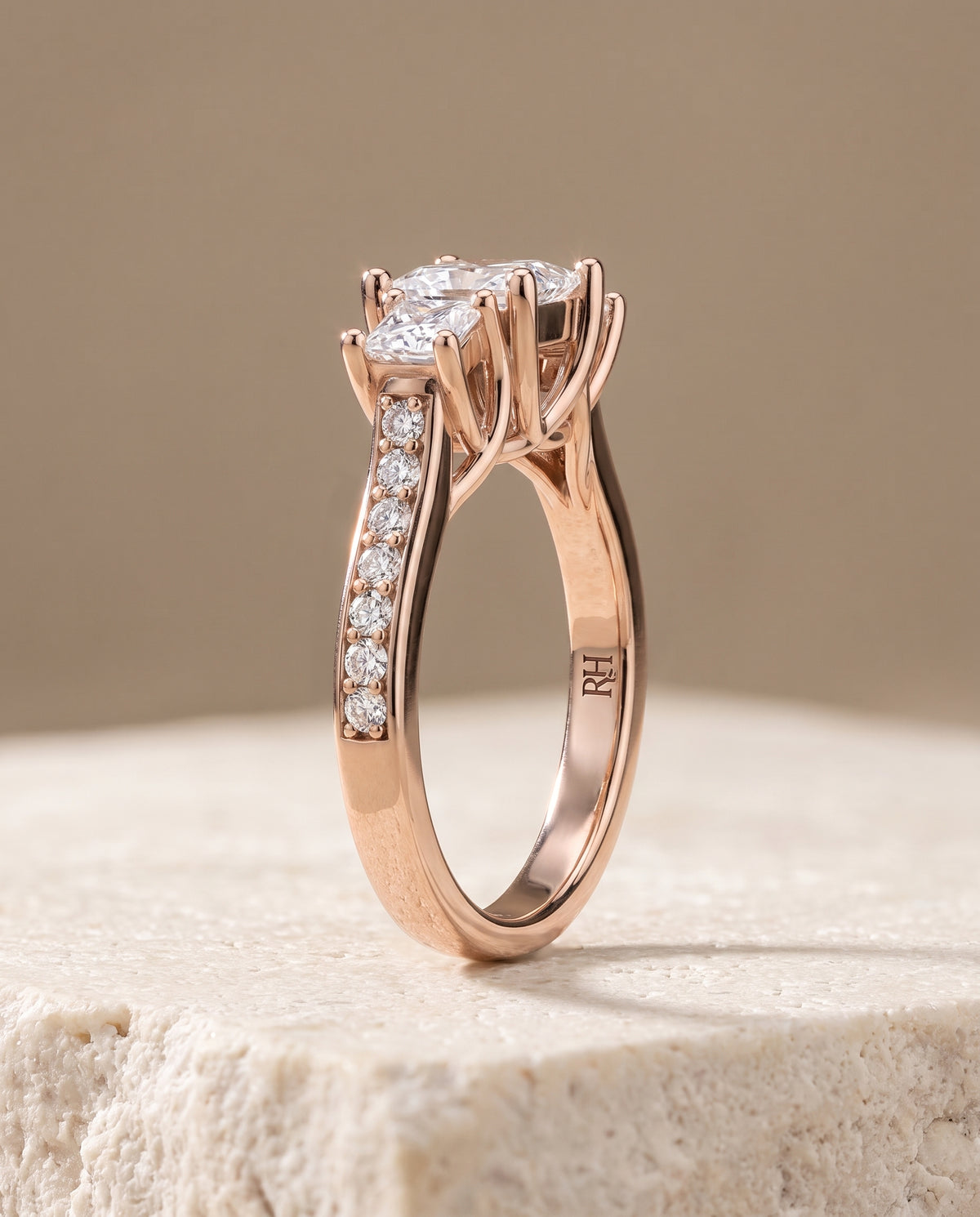 The Avery Channel Pavé Three Stone Princess Cut Engagement Ring Setting in 14K Rose Gold