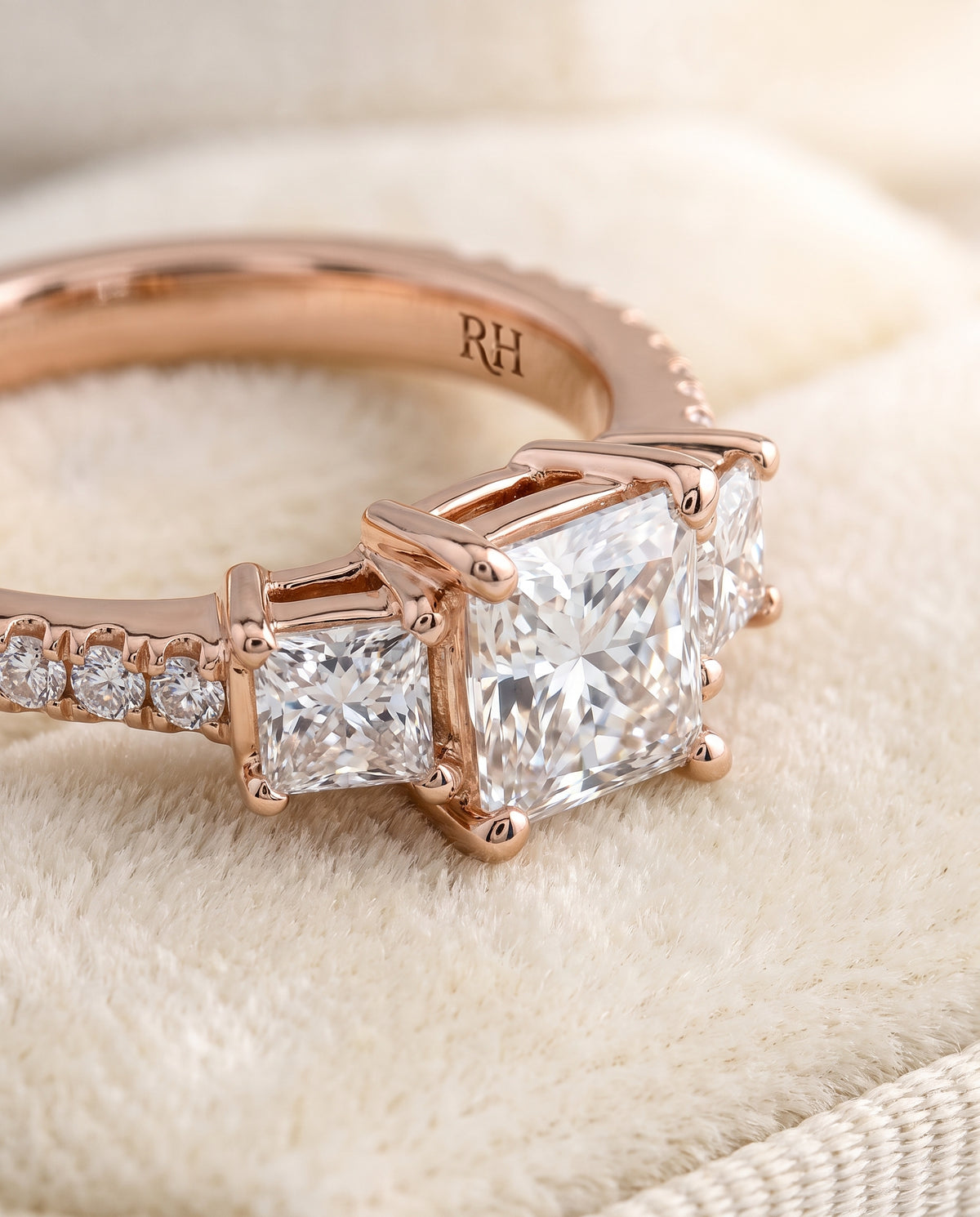 The Avery Channel Pavé Three Stone Princess Cut Engagement Ring Setting in 14K Rose Gold